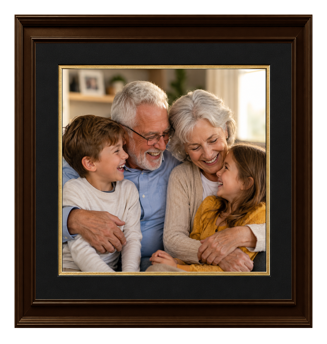 Personalised grandparents gift featuring a happy grandmother and grandfather with their grandchildren